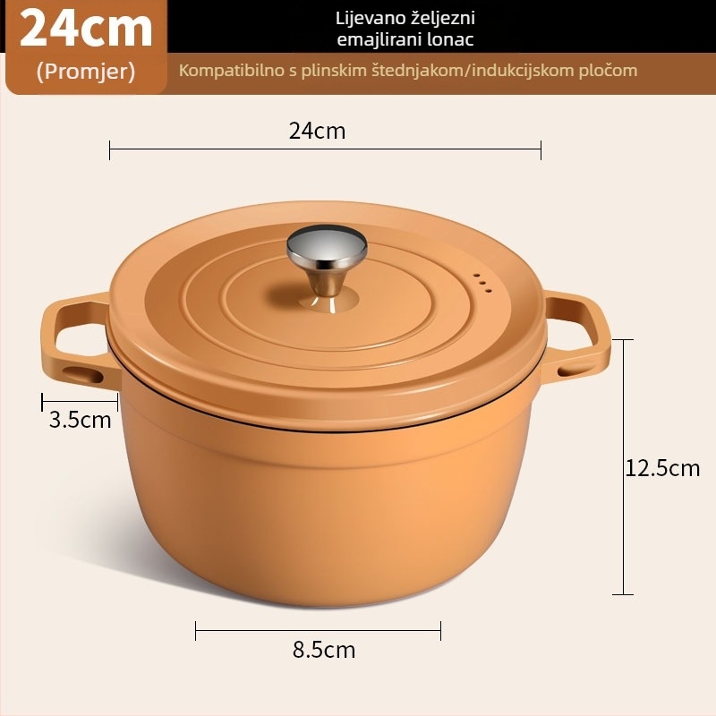 Crveni emajlirani lonac za juhu s dvostrukim držašicama, non-stick, debeli keramički lonac za gulaš, kompatibilan s indukcijom i plinom.