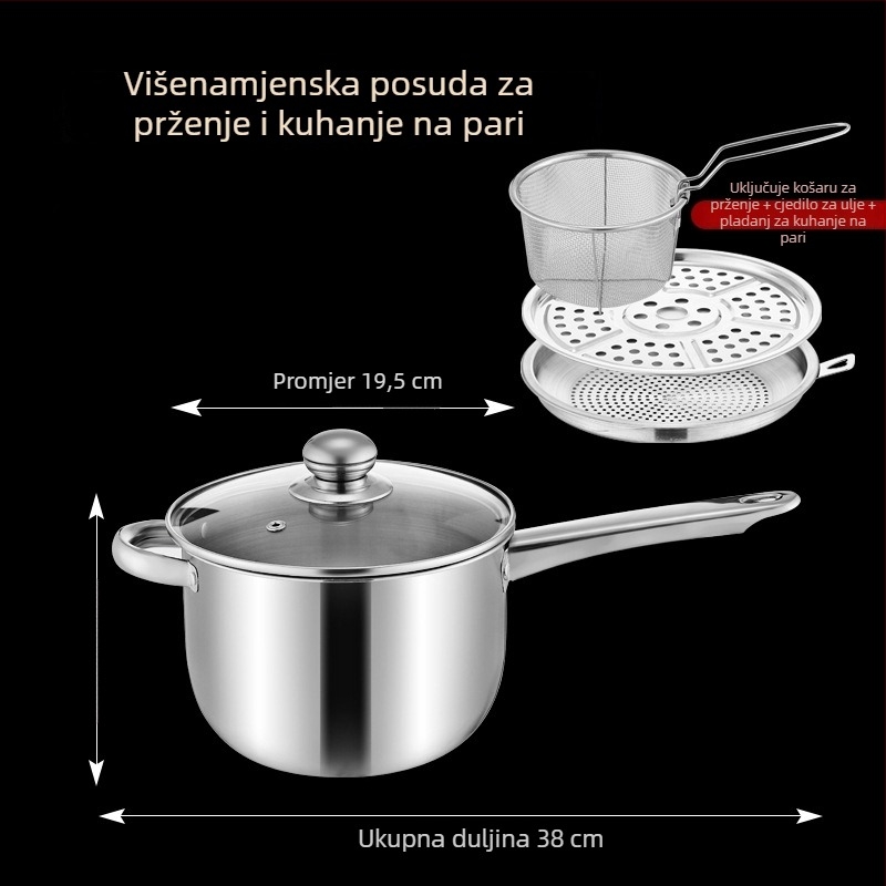 Nehrđajući inox lonac za prženje i kuhanje na paru s filtracijskom mrežicom i parnom rešetkom, pogodan za indukcijsku ploču