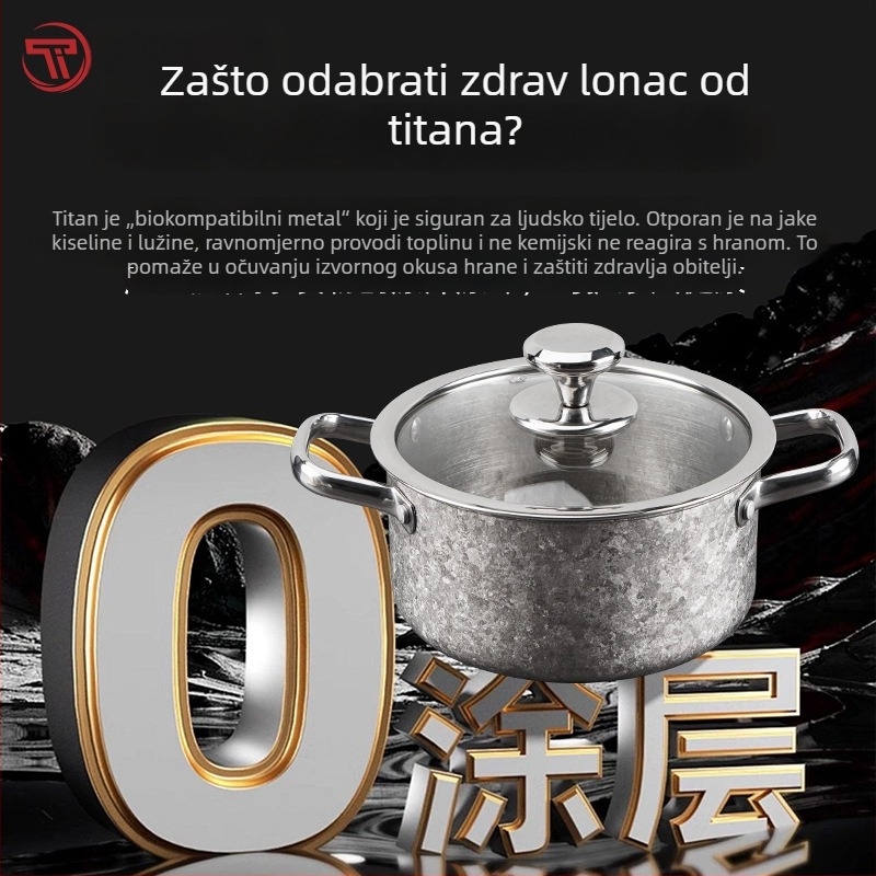 Titanijev lonac za juhu s dvostrukom ručkom, bez premaza, velik kapacitet s čvrstim dnom, za plinski štednjak