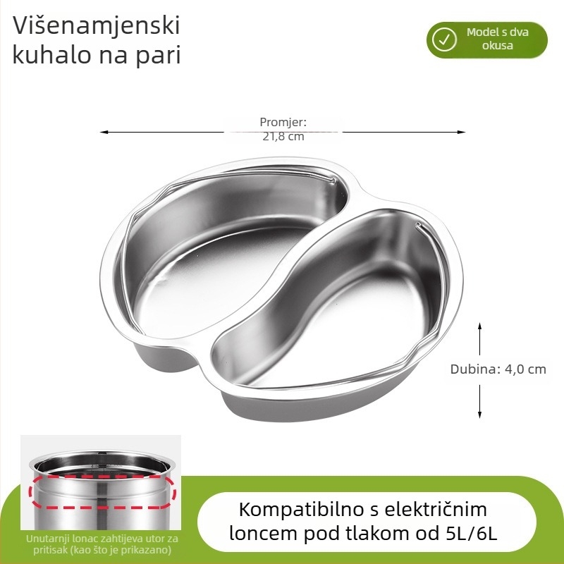 Posuda za paru od 304 nehrđajućeg čelika Yin-Yang s podijeljenim odjeljcima, pogodna za dječju hranu i kuhanje riže na pari