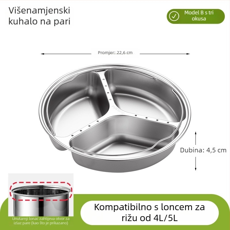 Posuda za paru od 304 nehrđajućeg čelika Yin-Yang s podijeljenim odjeljcima, pogodna za dječju hranu i kuhanje riže na pari