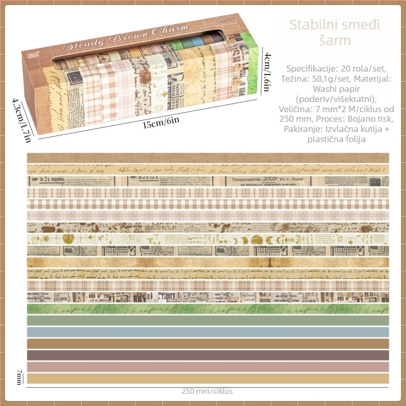 20 rolni u kutiji – Washi traka iz serije Svjetlo i Sjena, japanski papir, širina 7 mm, dužina 2 m, dekorativni materijal za scrapbooking