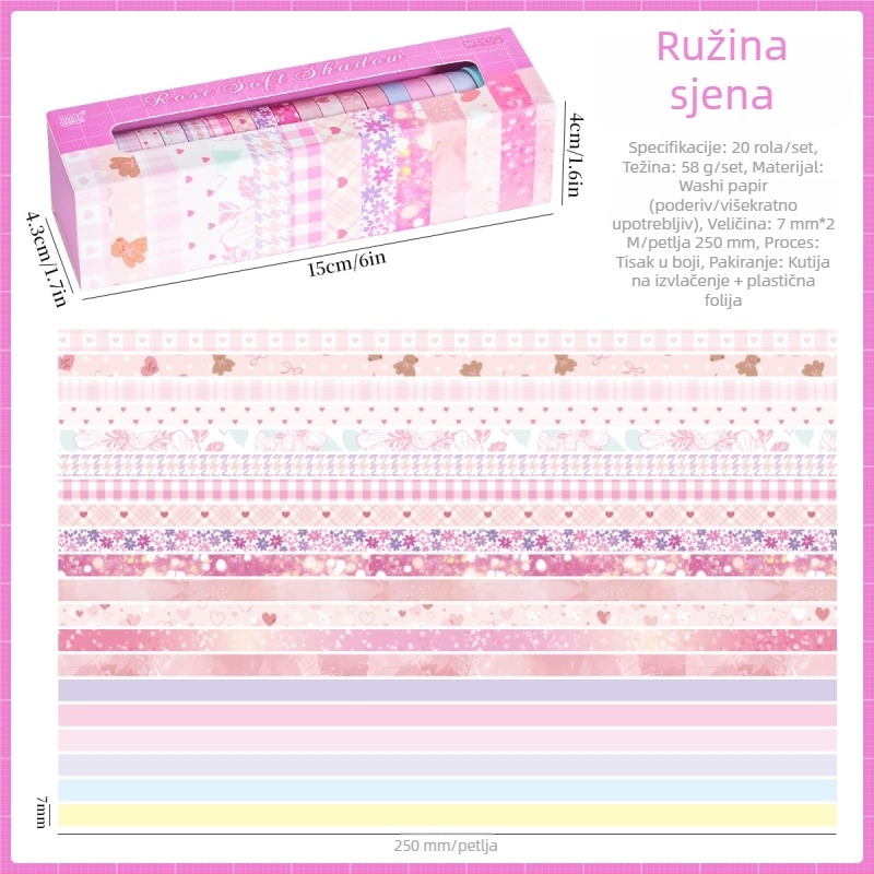 20 rolni u kutiji – Washi traka iz serije Svjetlo i Sjena, japanski papir, širina 7 mm, dužina 2 m, dekorativni materijal za scrapbooking