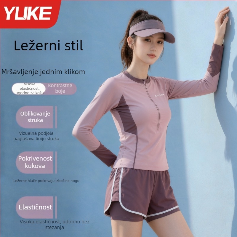 Ženski dvodijelni kupaći kostim s dugim rukavima za profesionalno plivanje; konzervativno prekrivanje trbuha, visokokvalitetni kupaći za termalne izvore