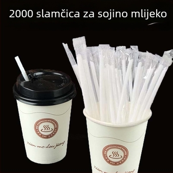 Plastične jednokratne slamke s oštrim vrhom, mliječno bijele boje, 16 cm dužine, pojedinačno zapakirane, za sojino mlijeko i jogurt.