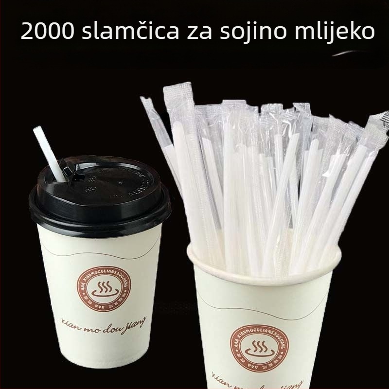 Plastične jednokratne slamke s oštrim vrhom, mliječno bijele boje, 16 cm dužine, pojedinačno zapakirane, za sojino mlijeko i jogurt.