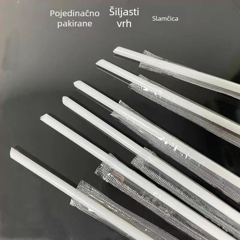 Plastične jednokratne slamke s oštrim vrhom, mliječno bijele boje, 16 cm dužine, pojedinačno zapakirane, za sojino mlijeko i jogurt.