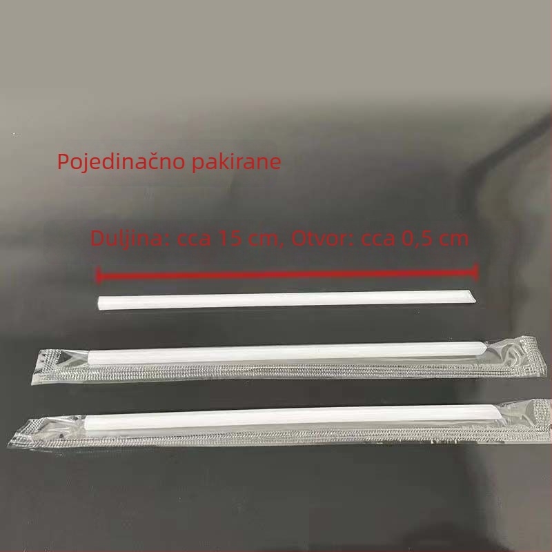 Plastične jednokratne slamke s oštrim vrhom, mliječno bijele boje, 16 cm dužine, pojedinačno zapakirane, za sojino mlijeko i jogurt.