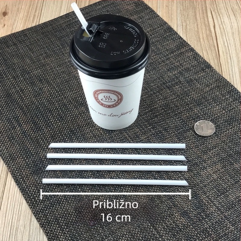 Plastične jednokratne slamke s oštrim vrhom, mliječno bijele boje, 16 cm dužine, pojedinačno zapakirane, za sojino mlijeko i jogurt.