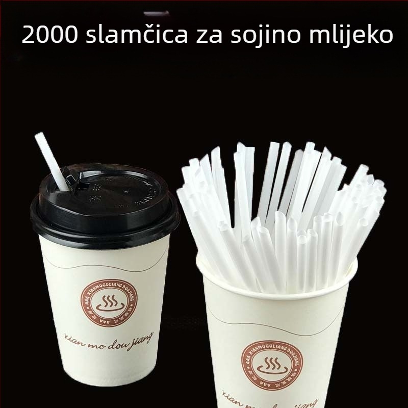 Plastične jednokratne slamke s oštrim vrhom, mliječno bijele boje, 16 cm dužine, pojedinačno zapakirane, za sojino mlijeko i jogurt.