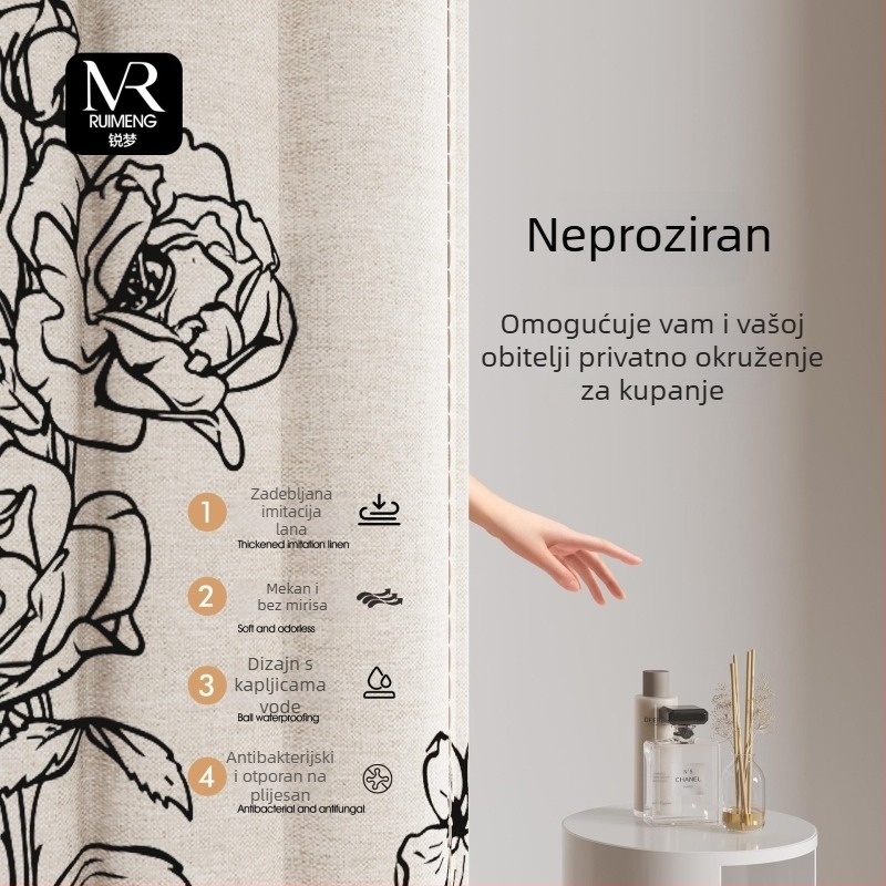 Premium vodootporna i otporna na plijesan zavjesa za tuširanje za kupaonsku pregradu, montaža bez bušenja, materijal imitacija lana, cvjetni motiv vinove loze