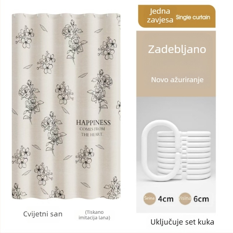 Premium vodootporna i otporna na plijesan zavjesa za tuširanje za kupaonsku pregradu, montaža bez bušenja, materijal imitacija lana, cvjetni motiv vinove loze