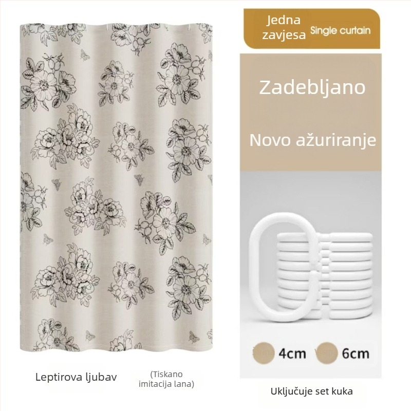 Premium vodootporna i otporna na plijesan zavjesa za tuširanje za kupaonsku pregradu, montaža bez bušenja, materijal imitacija lana, cvjetni motiv vinove loze