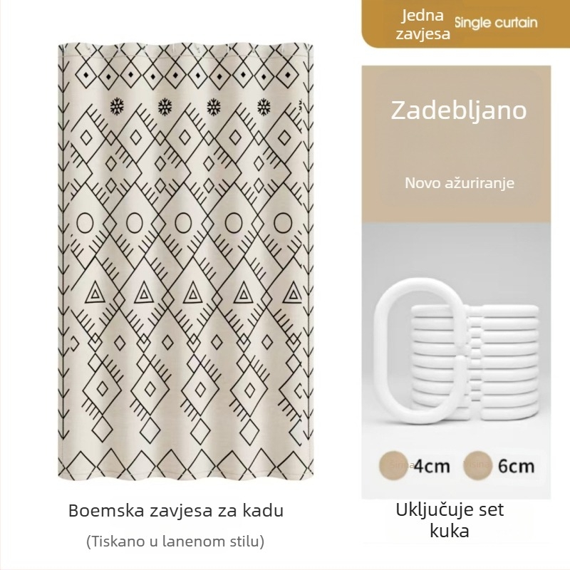 Premium vodootporna i otporna na plijesan zavjesa za tuširanje za kupaonsku pregradu, montaža bez bušenja, materijal imitacija lana, cvjetni motiv vinove loze
