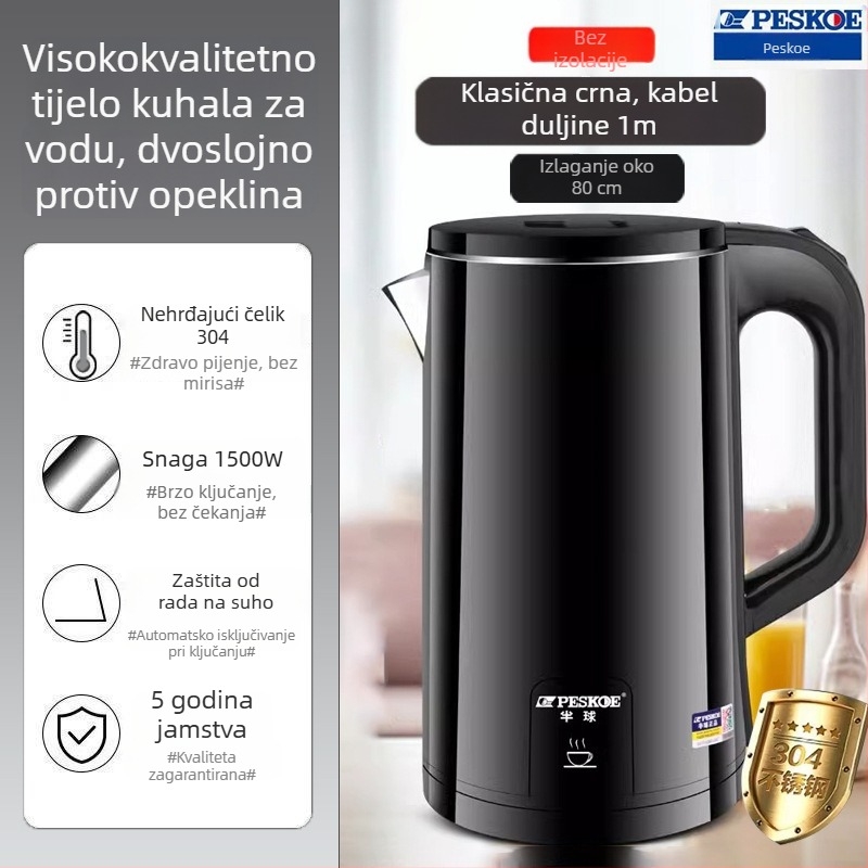 Kućni električni čajnik od 304 nehrđajućeg čelika s funkcijom držanja topline, integrirani dizajn, automatsko isključivanje, veliki kapacitet i podesiva temperatura