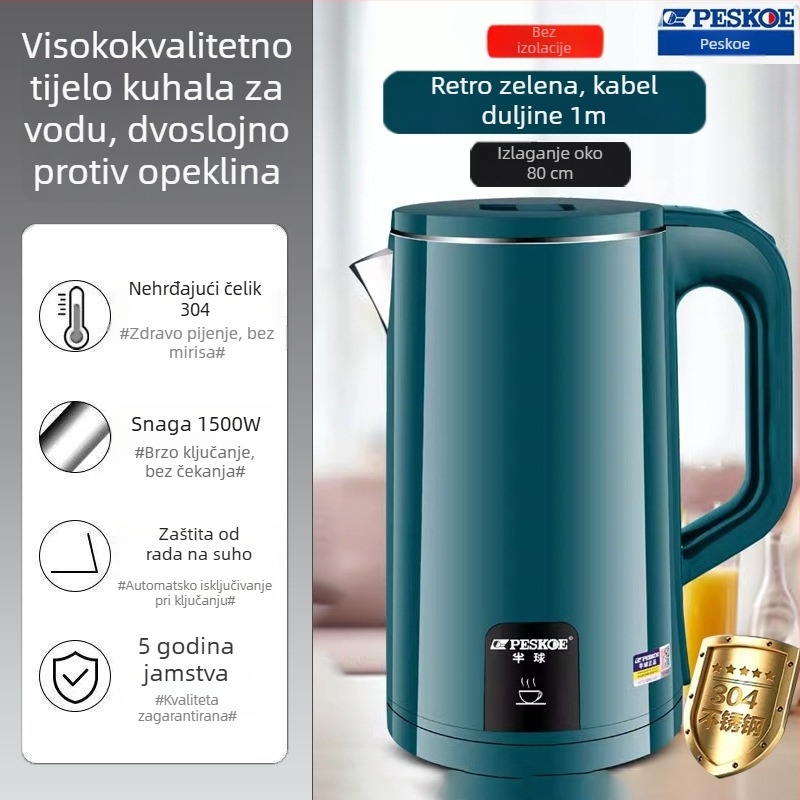 Kućni električni čajnik od 304 nehrđajućeg čelika s funkcijom držanja topline, integrirani dizajn, automatsko isključivanje, veliki kapacitet i podesiva temperatura