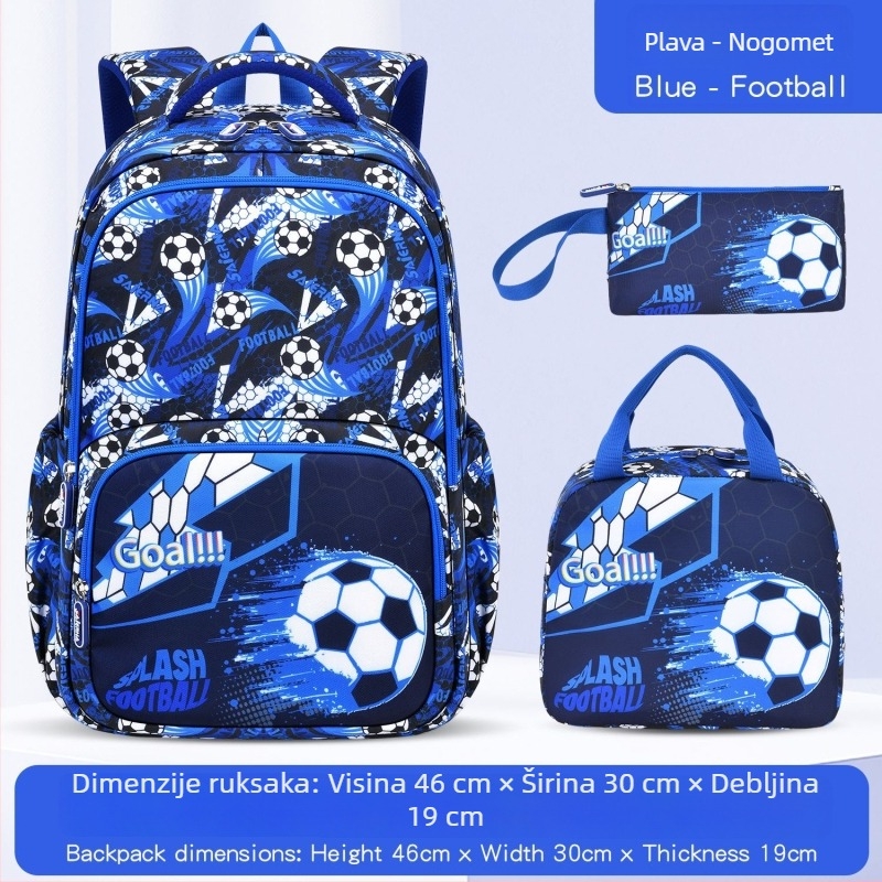 Školska torba za učenike osnovne škole, za dječake i djevojčice, nogometni motiv, velika kapaciteta, zaštita leđa, uzrast 6–12 godina, lagana i smanjuje opterećenje