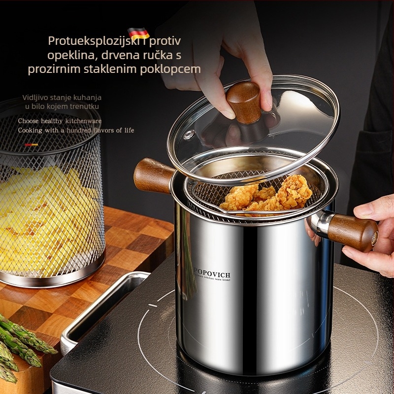 Lonac za prženje od nehrđajućeg čelika 304 sa cedilom, kompaktni duboki lonac za kućnu upotrebu