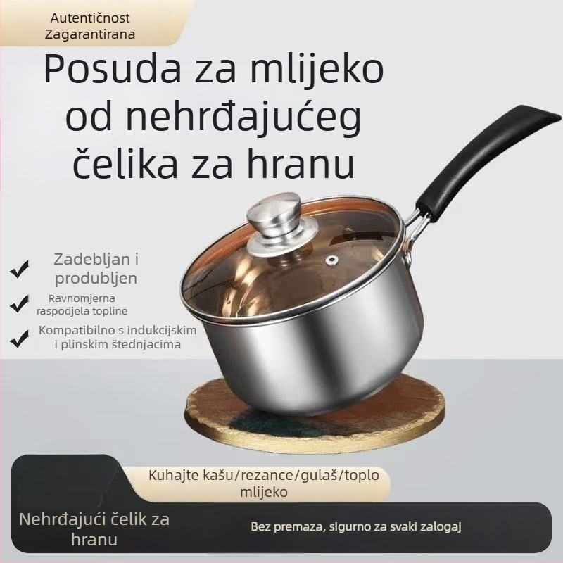 Nerđajući čelik, debelo dno, posuda za mlijeko za kućnu upotrebu, pogodna za instantnu rezance, dječju juhu, dječje mlijeko i dječju hranu, kompatibilna s indukcijskim pločama