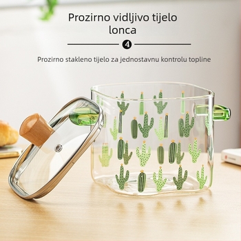 Stakleni lonac s dvije ručke od borosilikatnog stakla, proziran lonac za mlijeko u obliku kaktusa, velik kapacitet, poklopac, otporan na visoke temperature, bez premaza