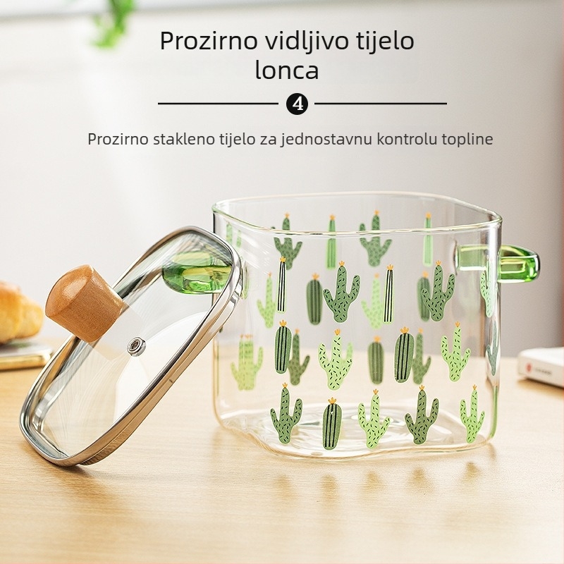 Stakleni lonac s dvije ručke od borosilikatnog stakla, proziran lonac za mlijeko u obliku kaktusa, velik kapacitet, poklopac, otporan na visoke temperature, bez premaza