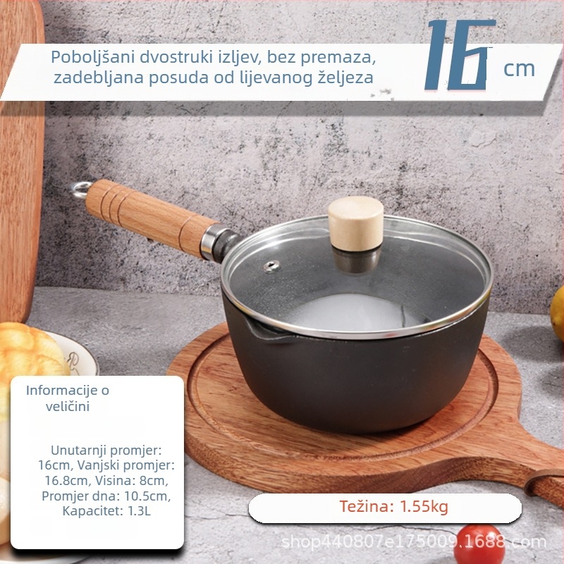 Mala posuda od lijevanog željeza za bebinu hranu, pogodna za prženje, juhe i instant rezance; neindukcijsko kuhanje, sporo kuhanje na niskoj temperaturi, kućna upotreba.
