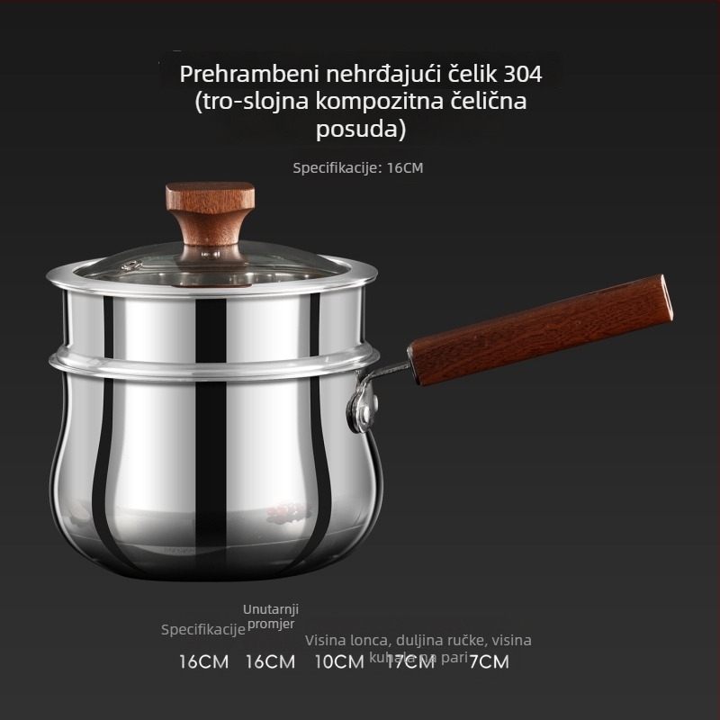 Trostruka posuda od 304 nehrđajućeg čelika s košem za paru, namijenjena bebinoj hrani, kompatibilna s plinskim i indukcijskim pločama