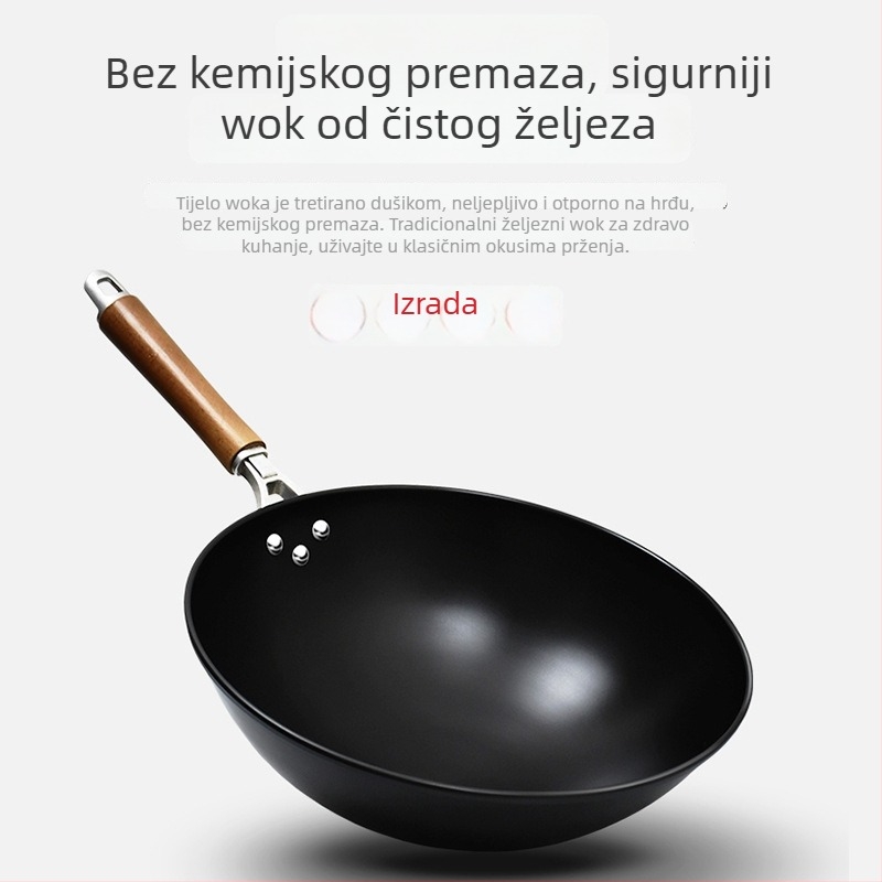 Tradicionalna wok bez premaza, okruglo dno, od kovanog željeza, pogodna za plinski štednjak, kućna uporaba