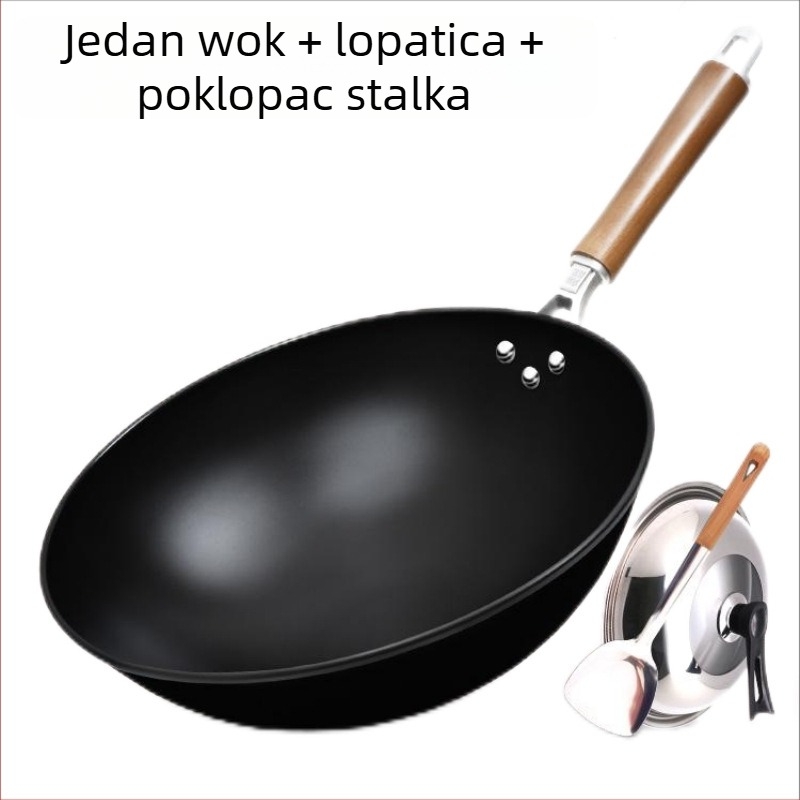 Tradicionalna wok bez premaza, okruglo dno, od kovanog željeza, pogodna za plinski štednjak, kućna uporaba