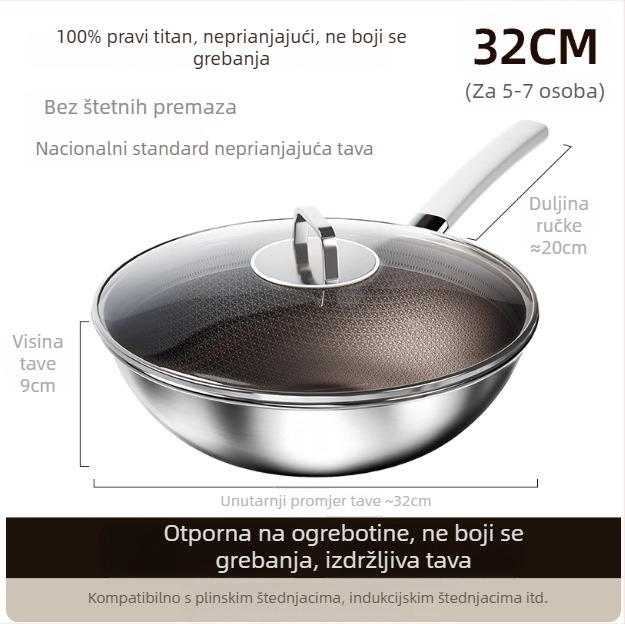 Na skladištu: nepokriveni 304 nehrđajući čelik s titanom, za kućnu upotrebu, neprijanjajući premaz, kompatibilan s indukcijskim pločama, dno s titanovim dizajnom sa saćem