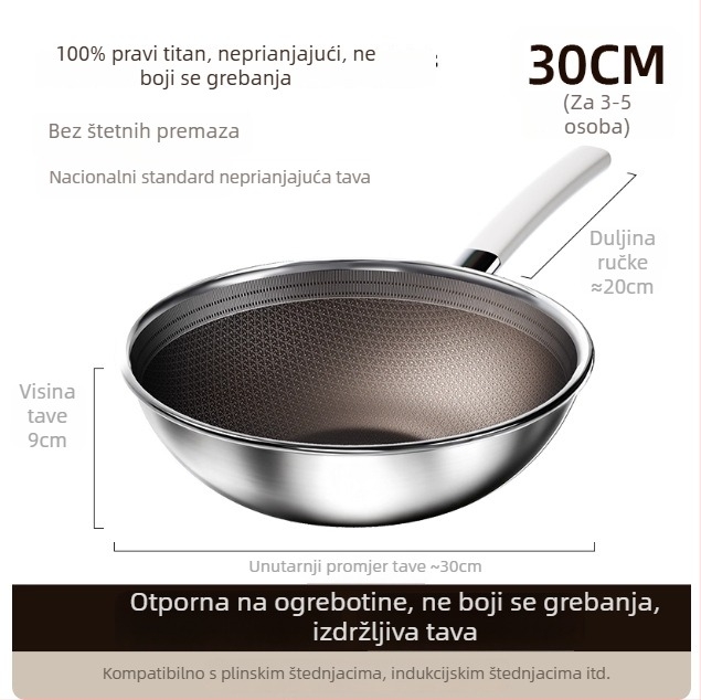 Na skladištu: nepokriveni 304 nehrđajući čelik s titanom, za kućnu upotrebu, neprijanjajući premaz, kompatibilan s indukcijskim pločama, dno s titanovim dizajnom sa saćem