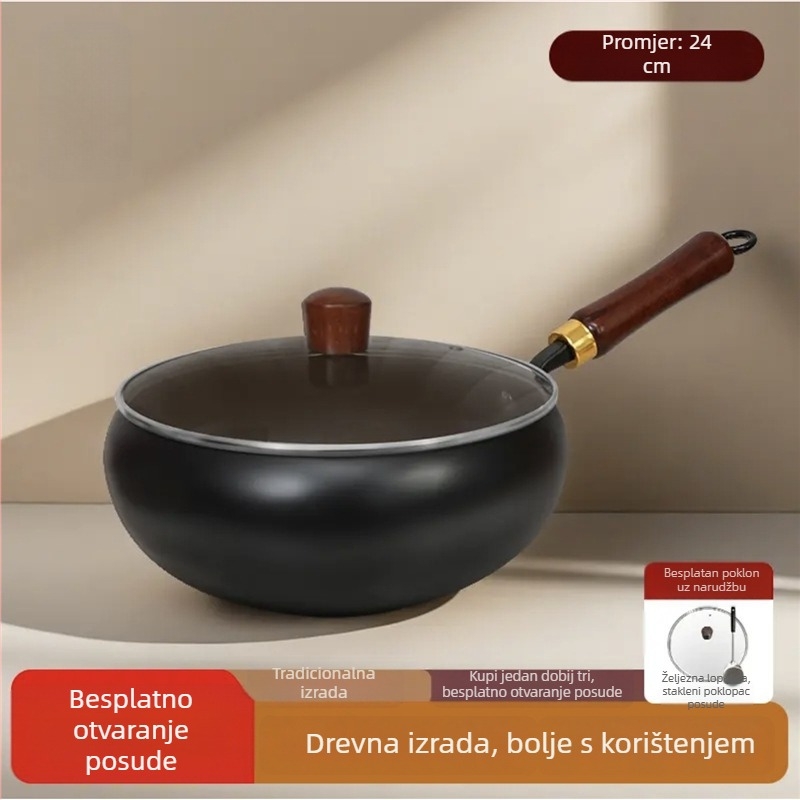 Autentični tradicionalni wok s velikim trbuhom za kućnu upotrebu, nepremazana tava od željeza s plosnim dnom, debeli dno
