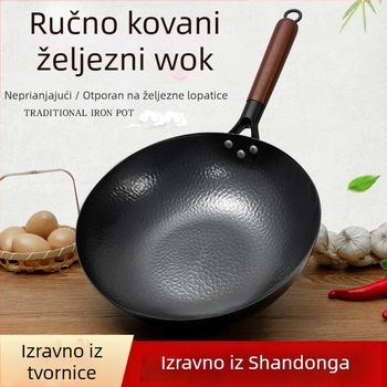 Ručni kovani željezni wok s ravnim dnom, tradicionalni kućni wok, kompatibilan s indukcijom i plinskim štednjakom, bez premaza