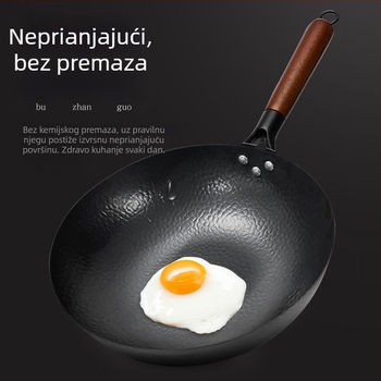 Ručni kovani željezni wok s ravnim dnom, tradicionalni kućni wok, kompatibilan s indukcijom i plinskim štednjakom, bez premaza