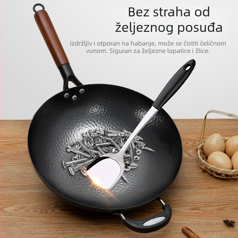 Ručni kovani željezni wok s ravnim dnom, tradicionalni kućni wok, kompatibilan s indukcijom i plinskim štednjakom, bez premaza
