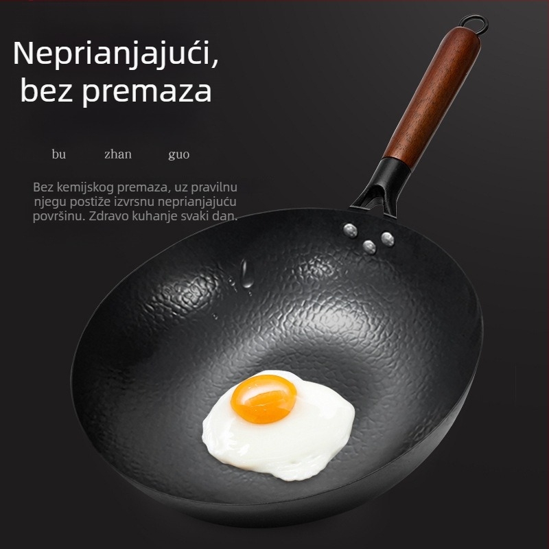 Ručni kovani željezni wok s ravnim dnom, tradicionalni kućni wok, kompatibilan s indukcijom i plinskim štednjakom, bez premaza