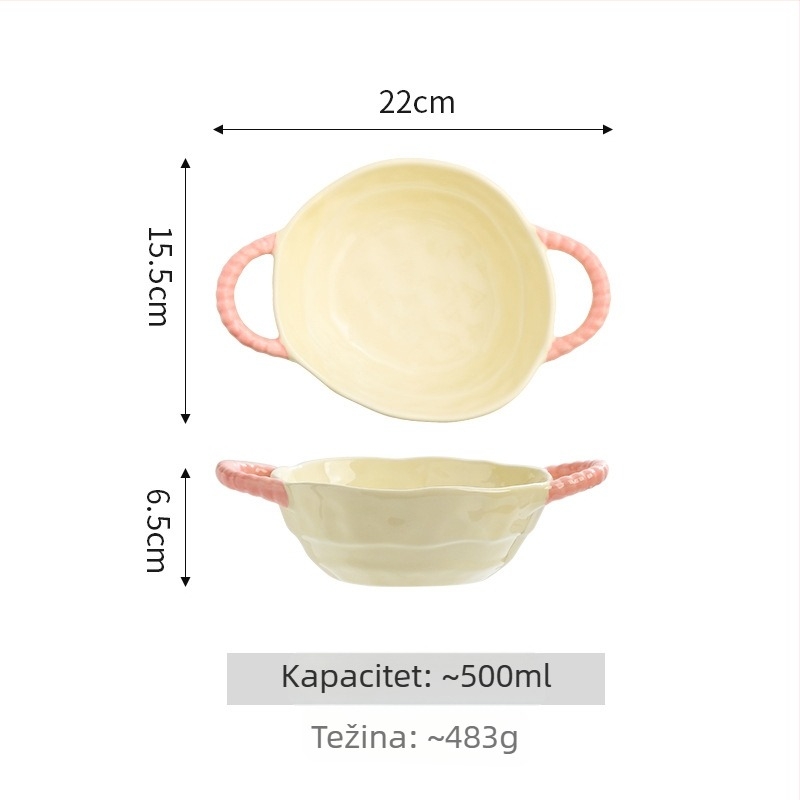 Porcelinska zdjela za juhu s dvije ručke, za kućnu upotrebu; pogodna za pečenje i zapekanje; zdjela za salate i voće; sigurna za mikrovalnu; kompatibilna s pećnicom s protokom zraka