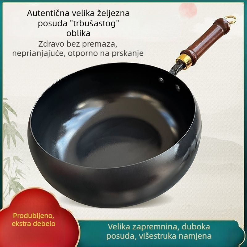 Željezni wok ručne izrade, autentičnog starinskog stila, s velikim tijelom i ravnim dnom, bez premaziva, za kuhanje kod kuće