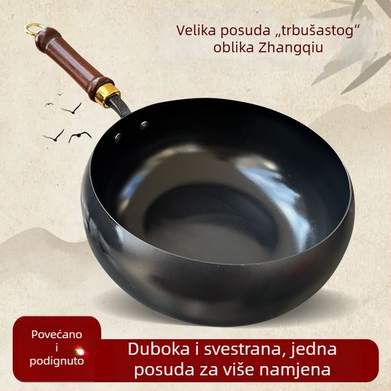 Željezni wok ručne izrade, autentičnog starinskog stila, s velikim tijelom i ravnim dnom, bez premaziva, za kuhanje kod kuće