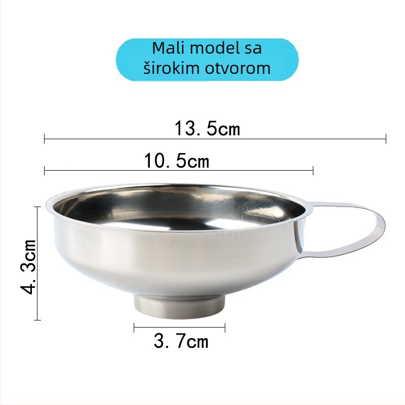 Nehrđajući čelik, lijevak širokog otvora, višenamjenski kuhinjski lijevak za ulja, vino, umake i kiseli proizvodi te velikog promjera.