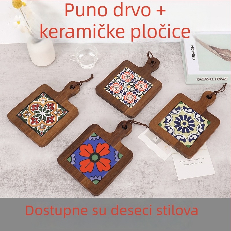 Drveni toplinski podmetač za lonce s ručkom u dizajnu cvjetnih pločica, nordijski stil