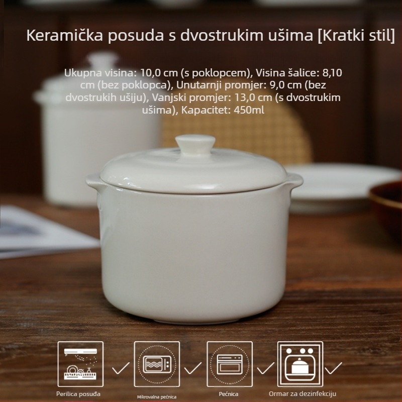 Porcelanski jednoslužbeni lončić s poklopcem — mini keramički lončić s dvjema ručkama za juhu od ptičjih gnijezda, pogodna za kućnu i hotelsku upotrebu