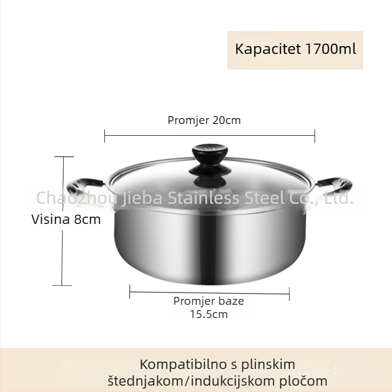 Lonac za juhu od nehrđajućeg čelika s poklopcem, prehrambena kvaliteta, debela konstrukcija, kućna upotreba, kompatibilan s indukcijom i plinskim kuhinjama, kapacitet 2,1–3 L, materijal 430 nehrđajućeg čelika