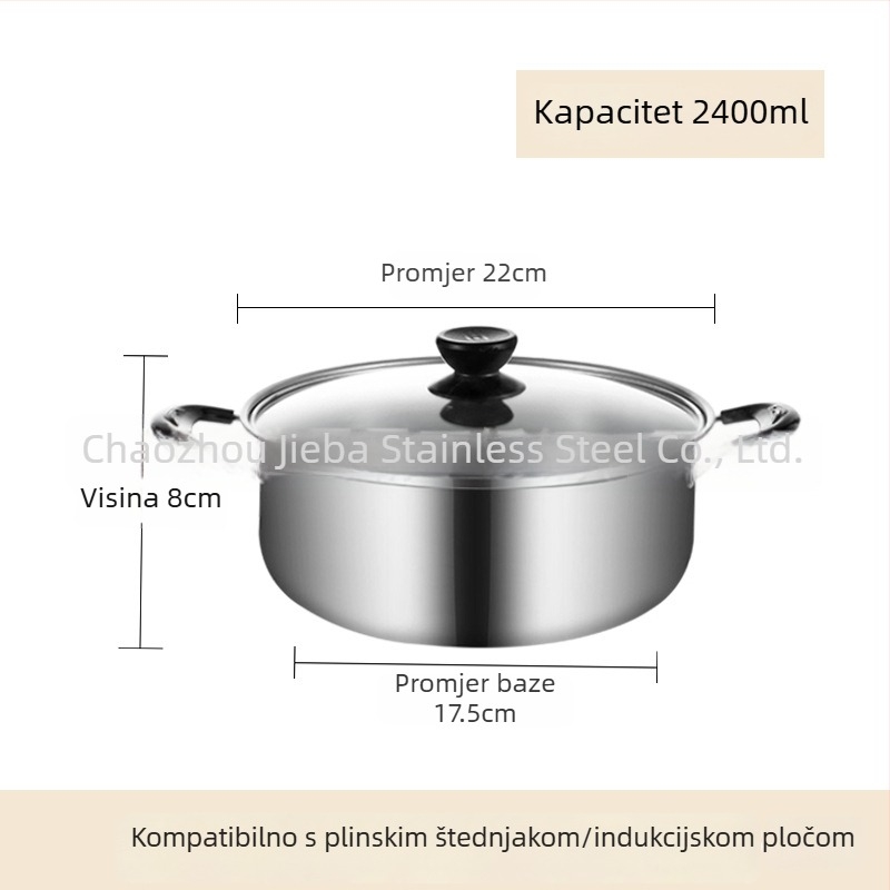 Lonac za juhu od nehrđajućeg čelika s poklopcem, prehrambena kvaliteta, debela konstrukcija, kućna upotreba, kompatibilan s indukcijom i plinskim kuhinjama, kapacitet 2,1–3 L, materijal 430 nehrđajućeg čelika
