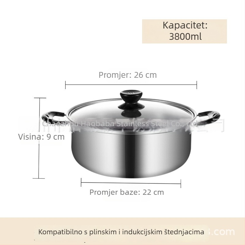 Lonac za juhu od nehrđajućeg čelika s poklopcem, prehrambena kvaliteta, debela konstrukcija, kućna upotreba, kompatibilan s indukcijom i plinskim kuhinjama, kapacitet 2,1–3 L, materijal 430 nehrđajućeg čelika