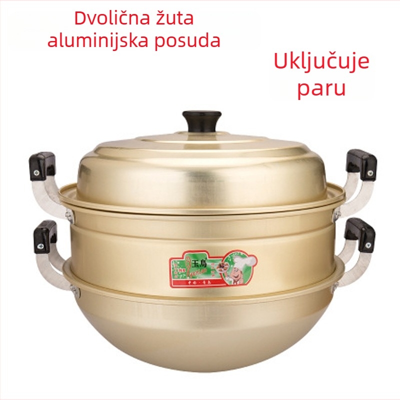 Aluminijski wok s dvostrukim držačima, posuda za paru s okruglim dnom, aluminijska posuda za juhu – dvostruka namjena za kuhanje i parenje