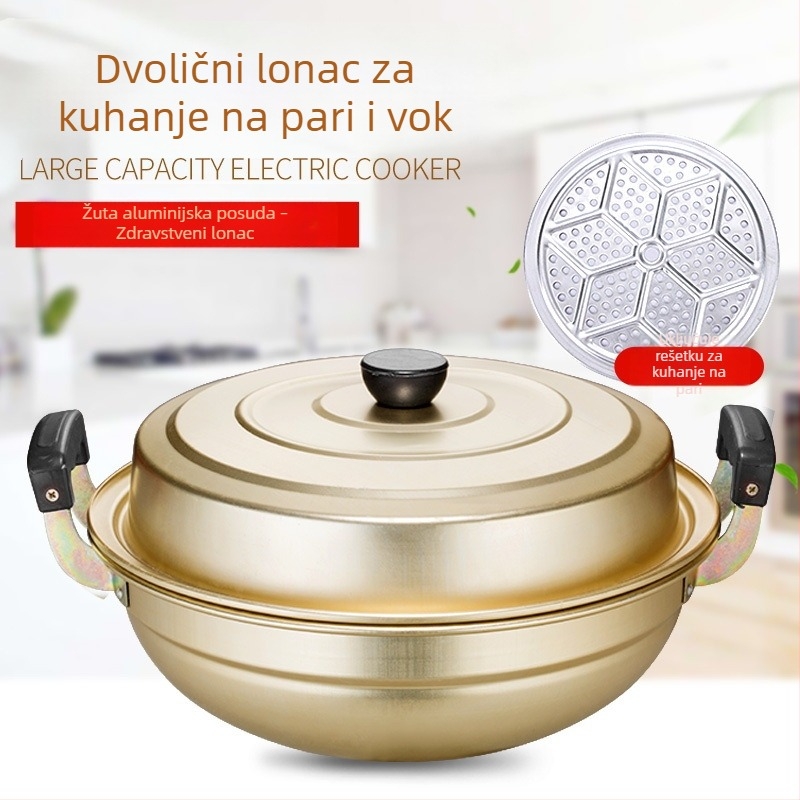 Aluminijski wok s dvostrukim držačima, posuda za paru s okruglim dnom, aluminijska posuda za juhu – dvostruka namjena za kuhanje i parenje