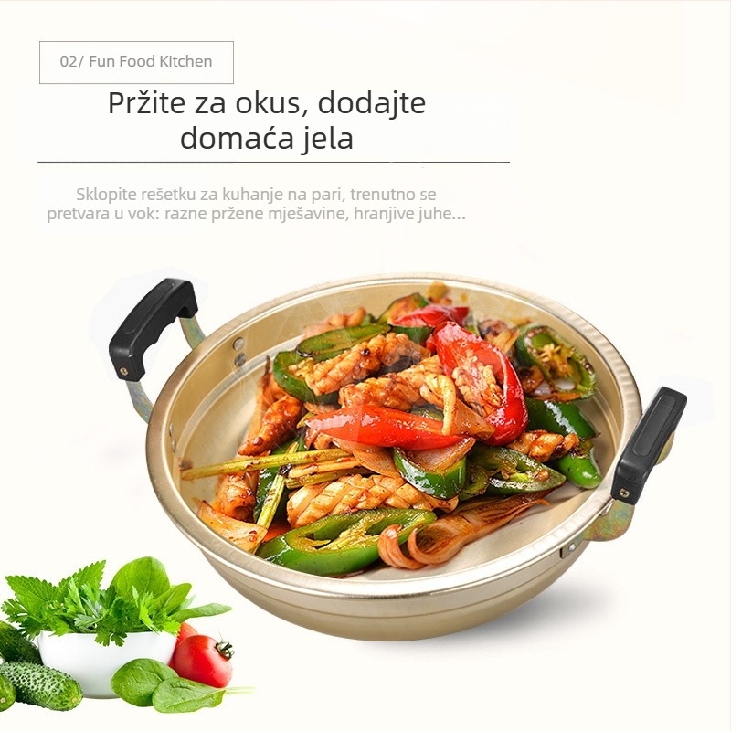 Aluminijski wok s dvostrukim držačima, posuda za paru s okruglim dnom, aluminijska posuda za juhu – dvostruka namjena za kuhanje i parenje