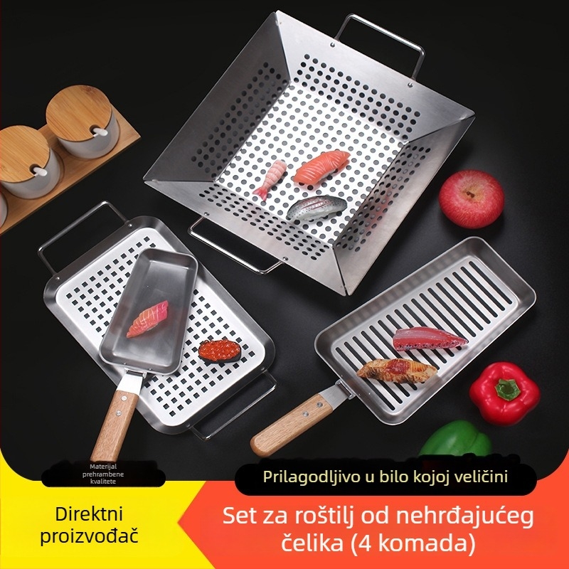 Kvadratna debela posuda za roštilj od nehrđajućeg čelika s perforacijama - prenosni set od četiri komada za povrće