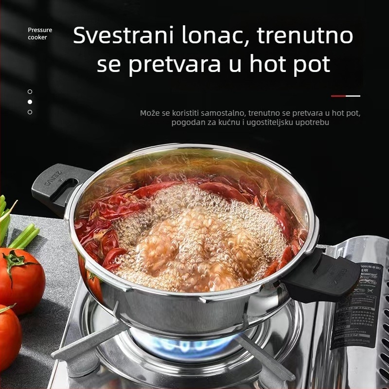 Tlak kuhalo od 304 nehrđajućeg čelika, debelo tijelo, za kućnu upotrebu, kompatibilno s plinskim i indukcijskim pločama, prenosno s velikim kapacitetom, otporno na eksplozije, sigurnost na razini komercijalne